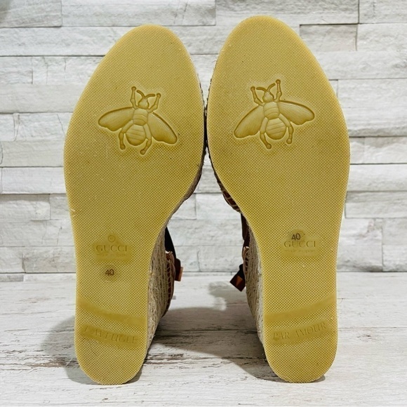 GUCCI SZ 40 Nappa Matelasse GG Marmont Ankle Wrap Espadrille Wedge Cognac - Picture 9 of 14